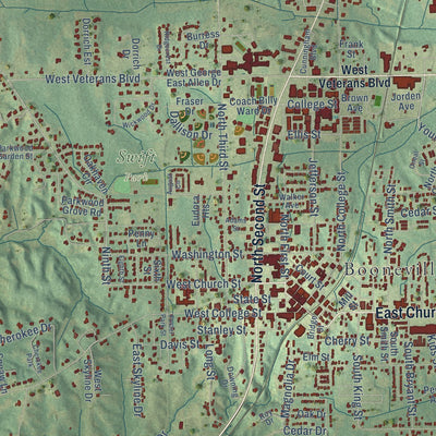 Close-up of the map of Booneville, Mississippi print showing street and building detail