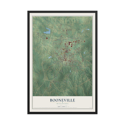 Map of Booneville, Mississippi, 12 x 18 inch print in a black wood frame