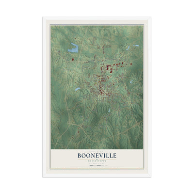 Map of Booneville, Mississippi, 12 x 18 inch print in a white wood frame