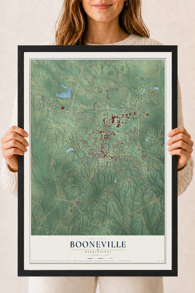 Map of Booneville, Mississippi, 18 x 24 inch print in a black wood frame