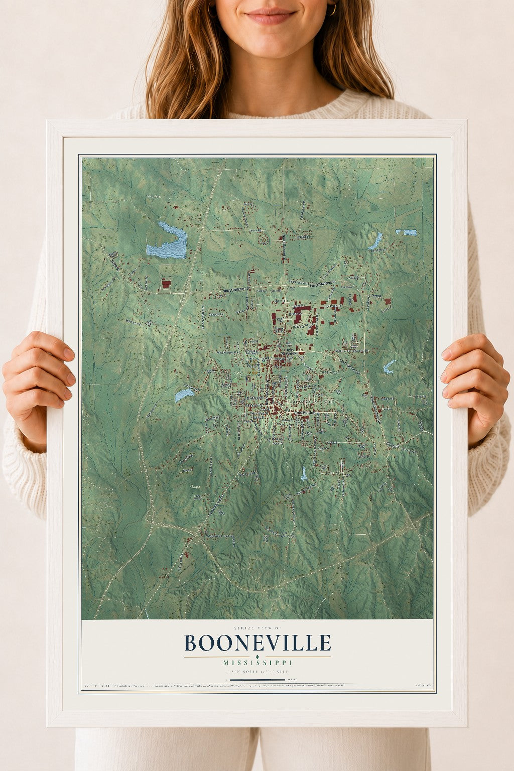 Map of Booneville, Mississippi, 18 x 24 inch print in a white wood frame