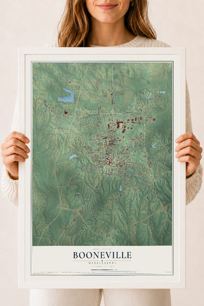 Map of Booneville, Mississippi, 18 x 24 inch print in a white wood frame