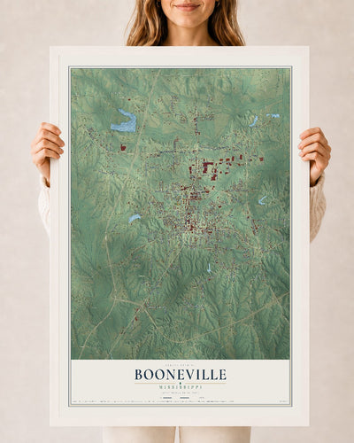 Map of Booneville, Mississippi, 24 x 36 inch print in a white wood frame