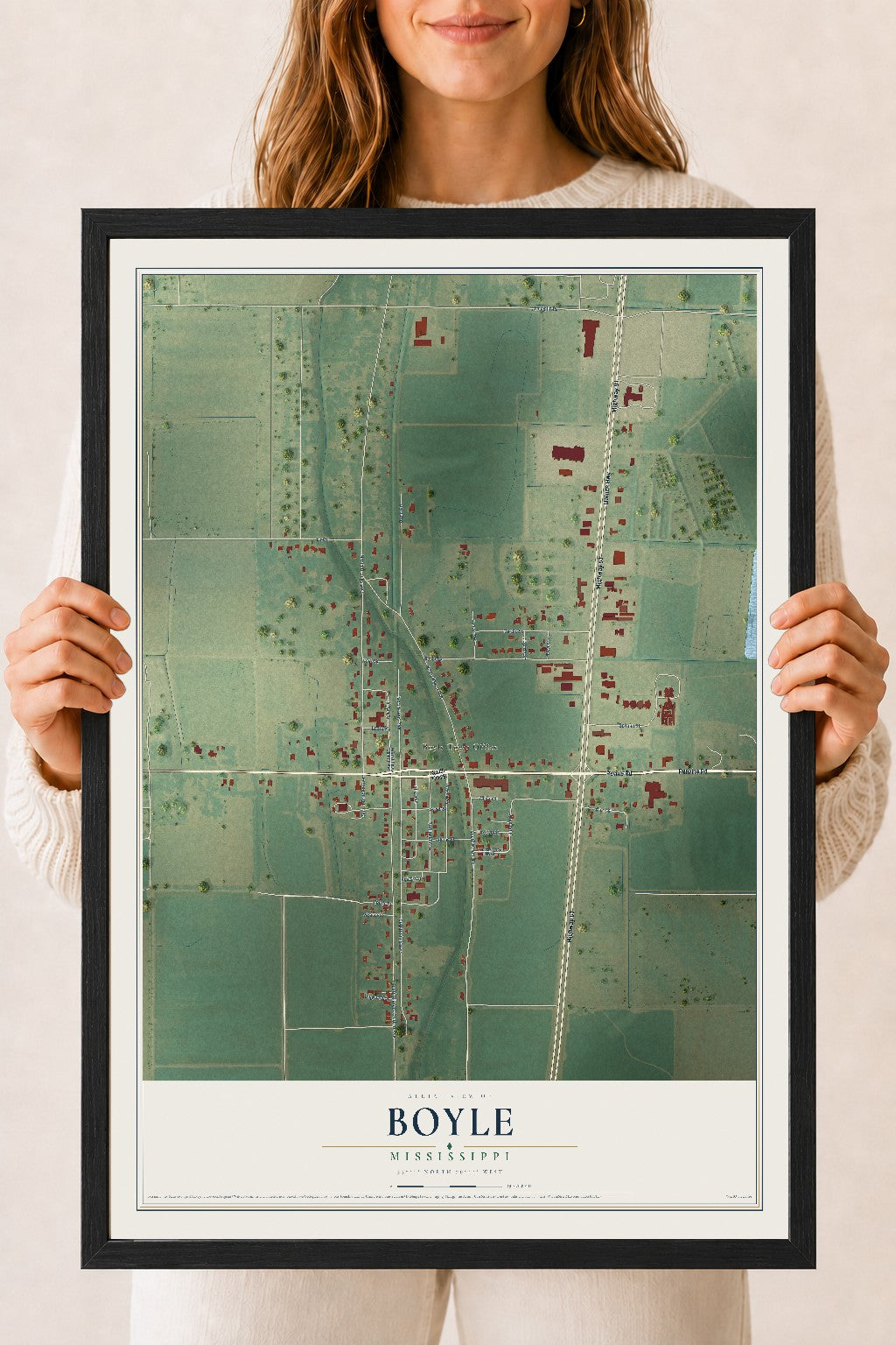 Map of Boyle, Mississippi, 18 x 24 inch print in a black wood frame