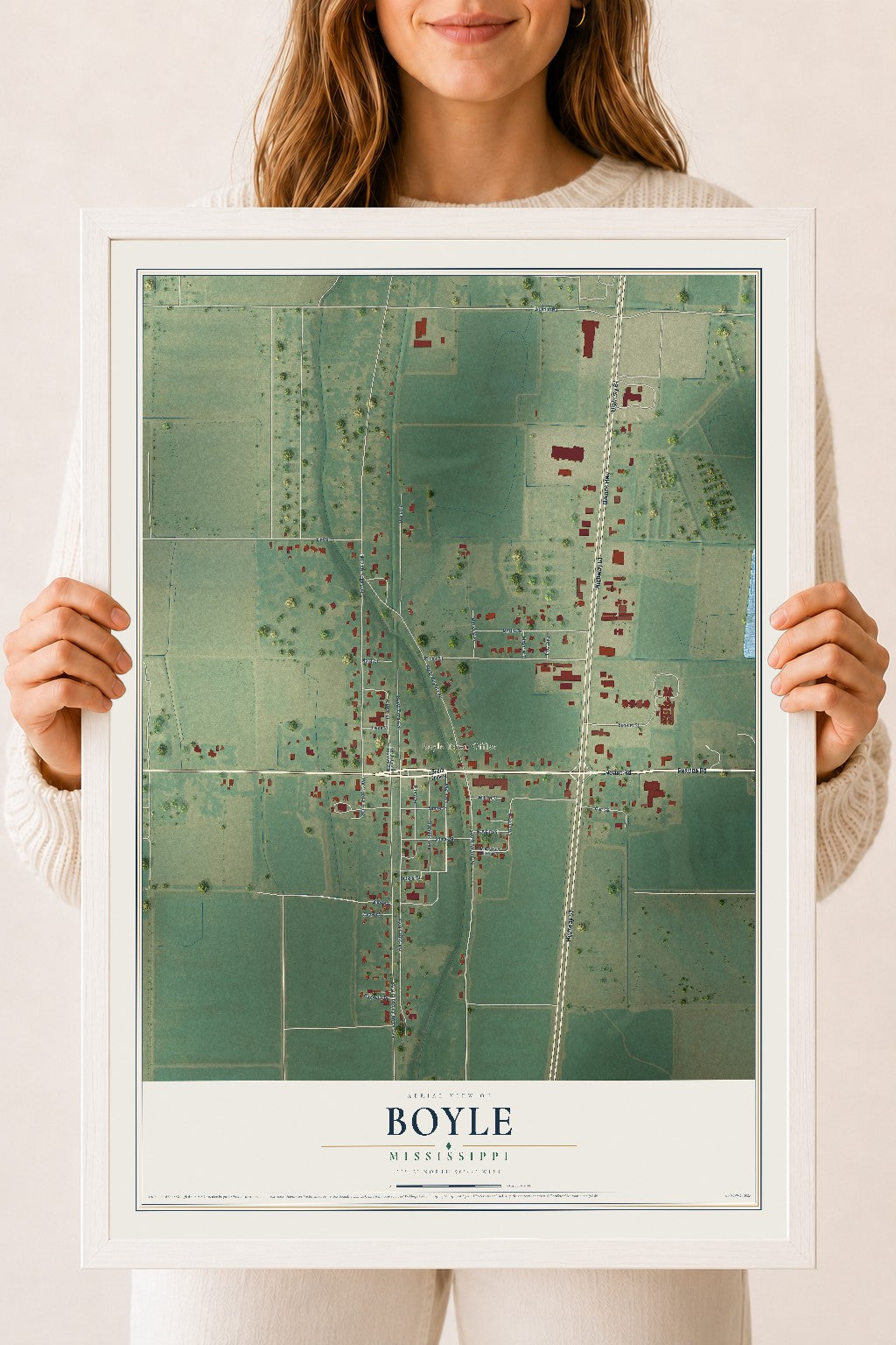 Map of Boyle, Mississippi, 18 x 24 inch print in a white wood frame