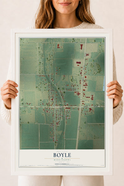 Map of Boyle, Mississippi, 18 x 24 inch print in a white wood frame