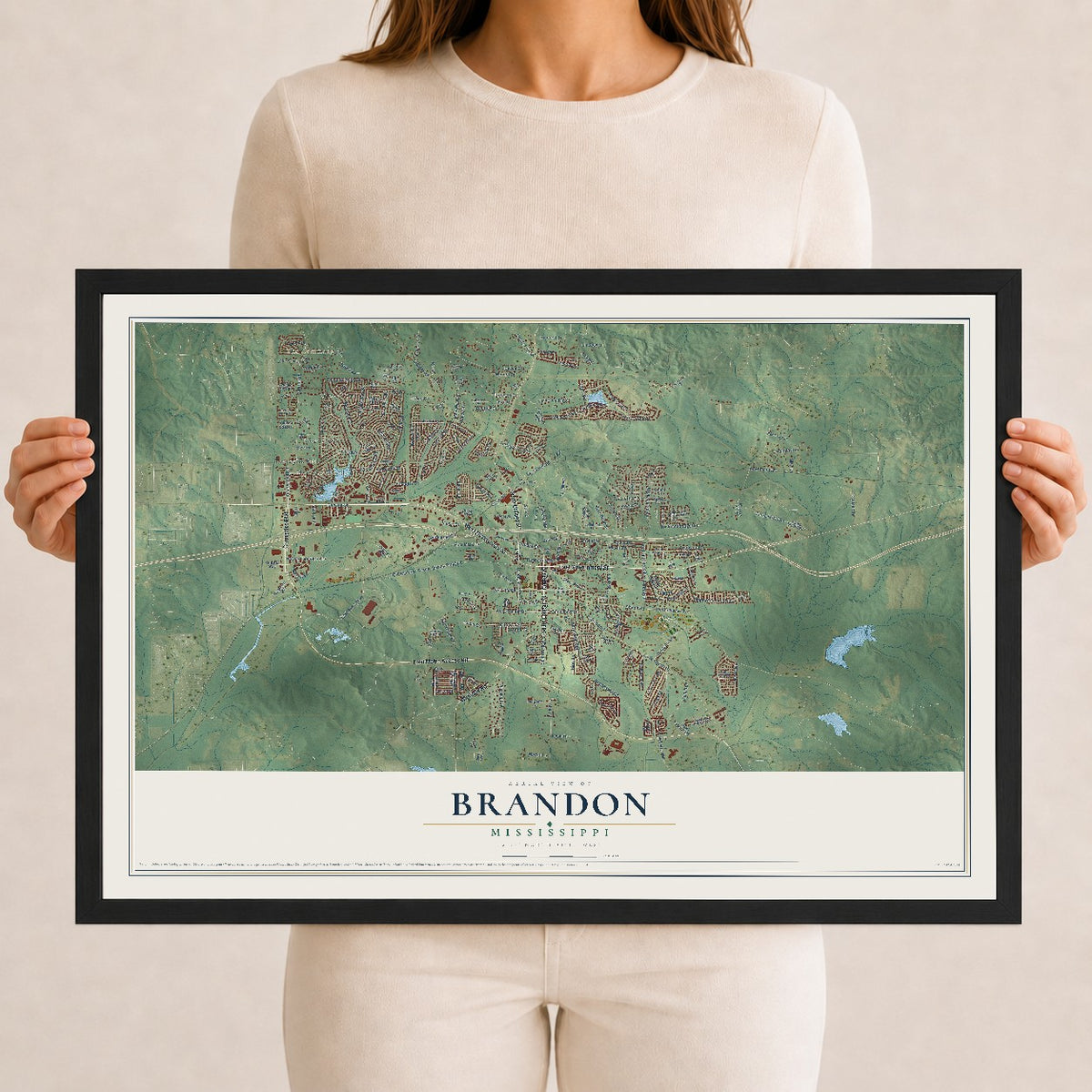 Map of Brandon, Mississippi, 12 x 18 inch print in a black wood frame