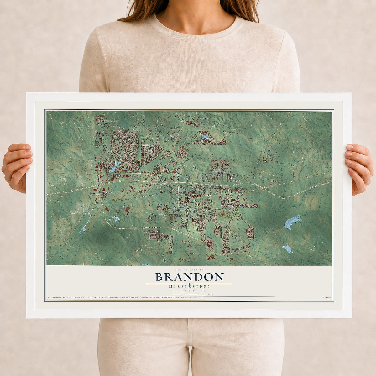 Map of Brandon, Mississippi, 12 x 18 inch print in a white wood frame