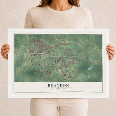 Map of Brandon, Mississippi, 12 x 18 inch print in a white wood frame