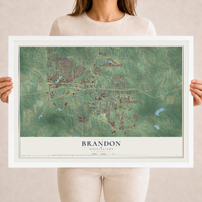 Map of Brandon, Mississippi, 18 x 24 inch print in a white wood frame