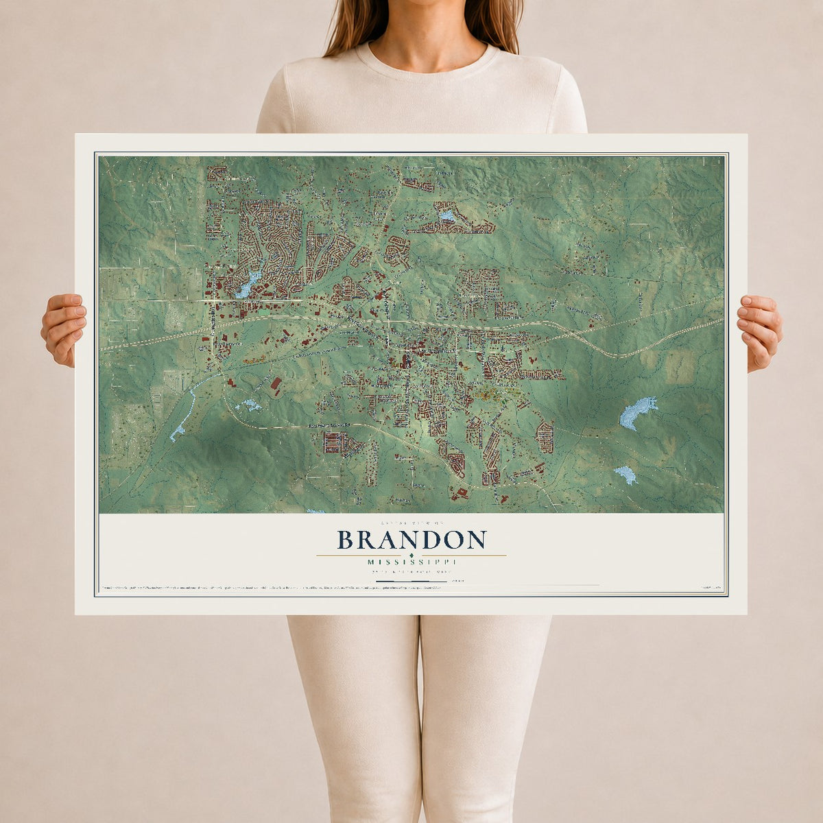 Map of Brandon, Mississippi, 24 x 36 inch unframed archival matte print