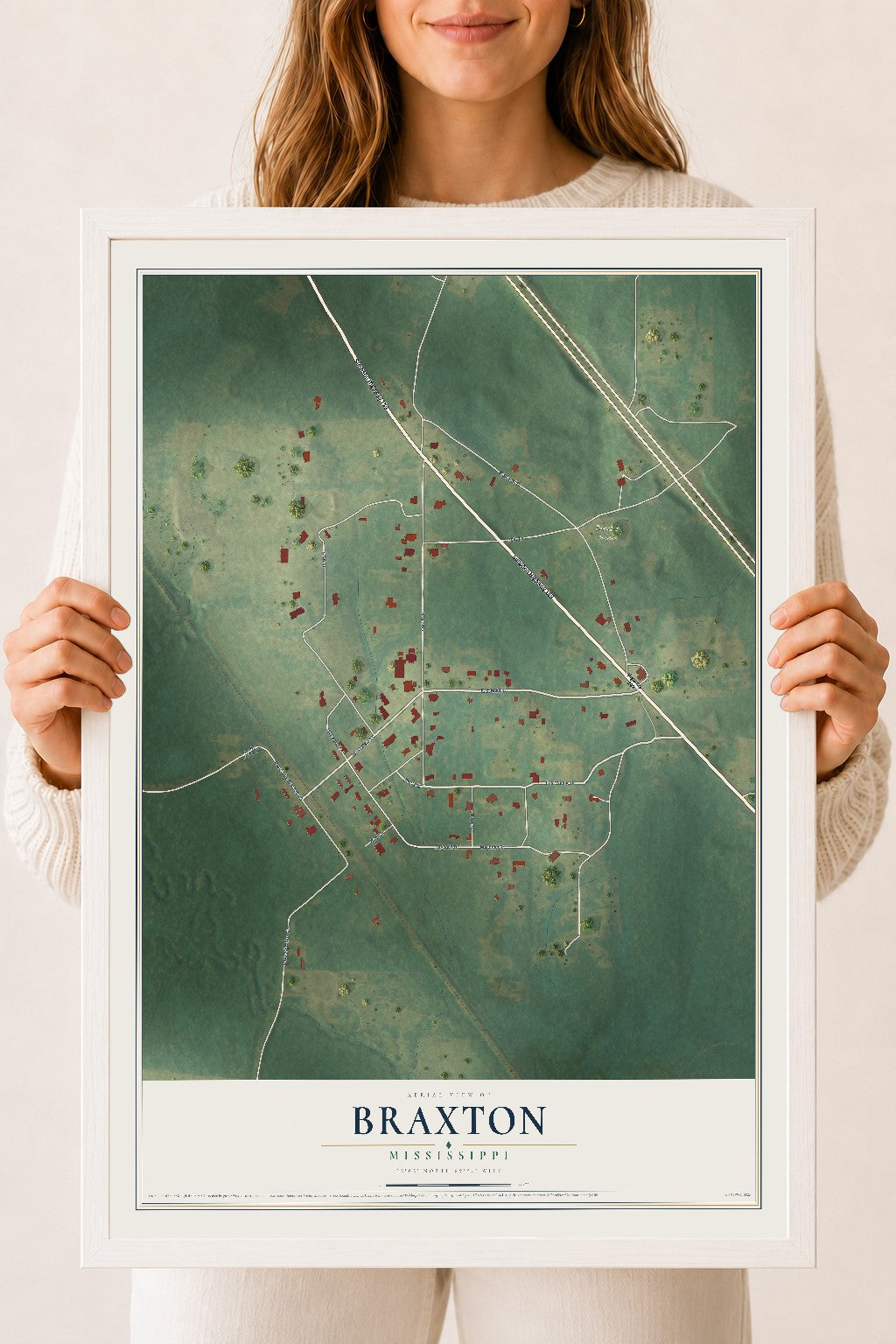 Map of Braxton, Mississippi, 18 x 24 inch print in a white wood frame
