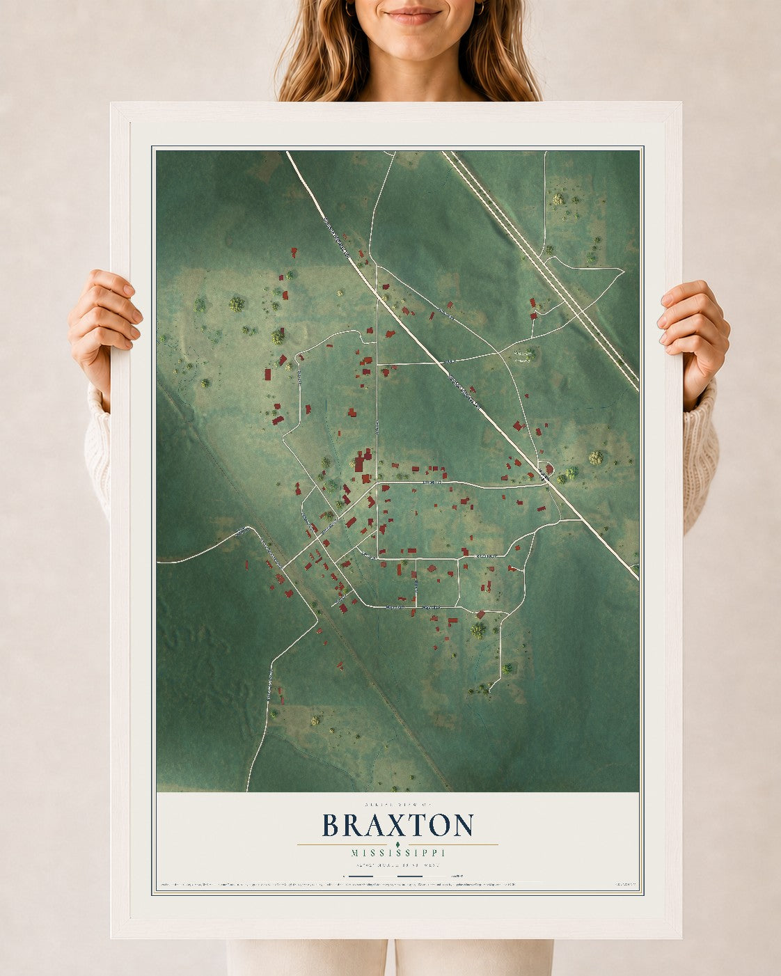 Map of Braxton, Mississippi, 24 x 36 inch print in a white wood frame