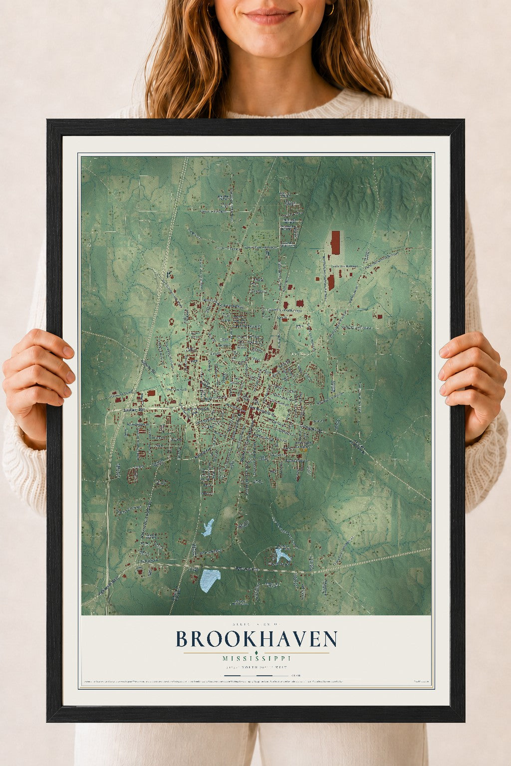 Map of Brookhaven, Mississippi, 18 x 24 inch print in a black wood frame