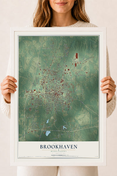 Map of Brookhaven, Mississippi, 18 x 24 inch print in a white wood frame