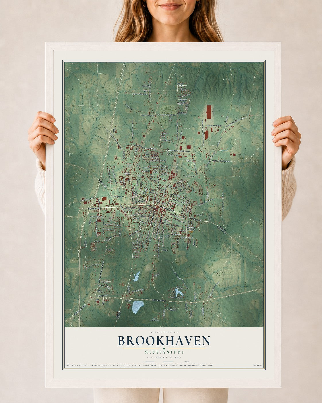 Map of Brookhaven, Mississippi, 24 x 36 inch print in a white wood frame