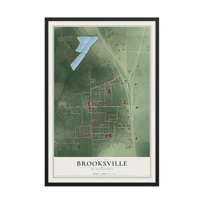 Map of Brooksville, Mississippi, 12 x 18 inch print in a black wood frame