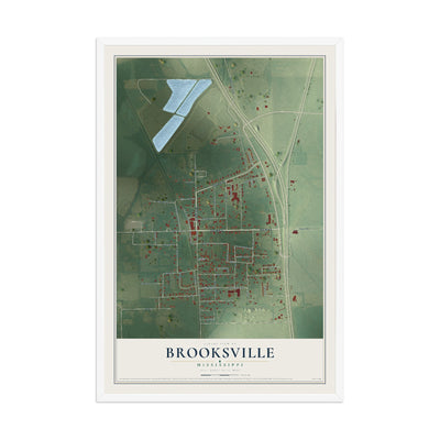 Map of Brooksville, Mississippi, 12 x 18 inch print in a white wood frame