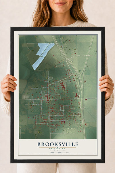 Map of Brooksville, Mississippi, 18 x 24 inch print in a black wood frame