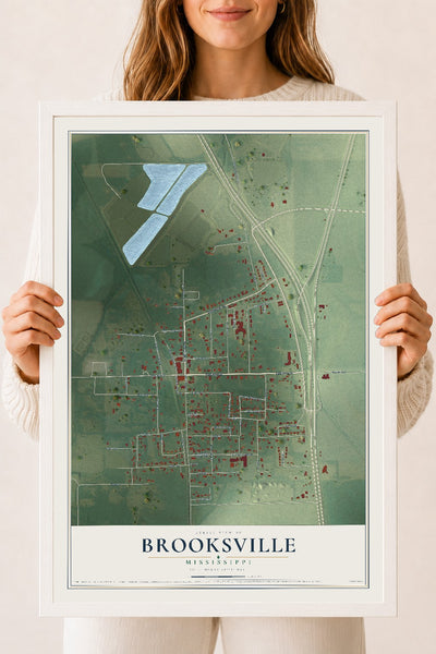 Map of Brooksville, Mississippi, 18 x 24 inch print in a white wood frame