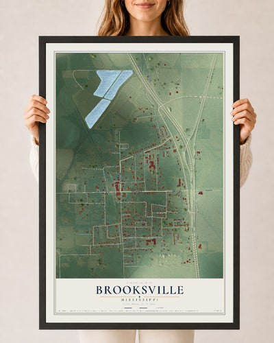 Map of Brooksville, Mississippi, 24 x 36 inch print in a black wood frame