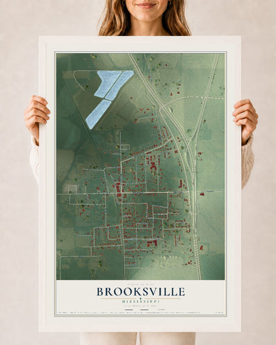 Map of Brooksville, Mississippi, 24 x 36 inch print in a white wood frame