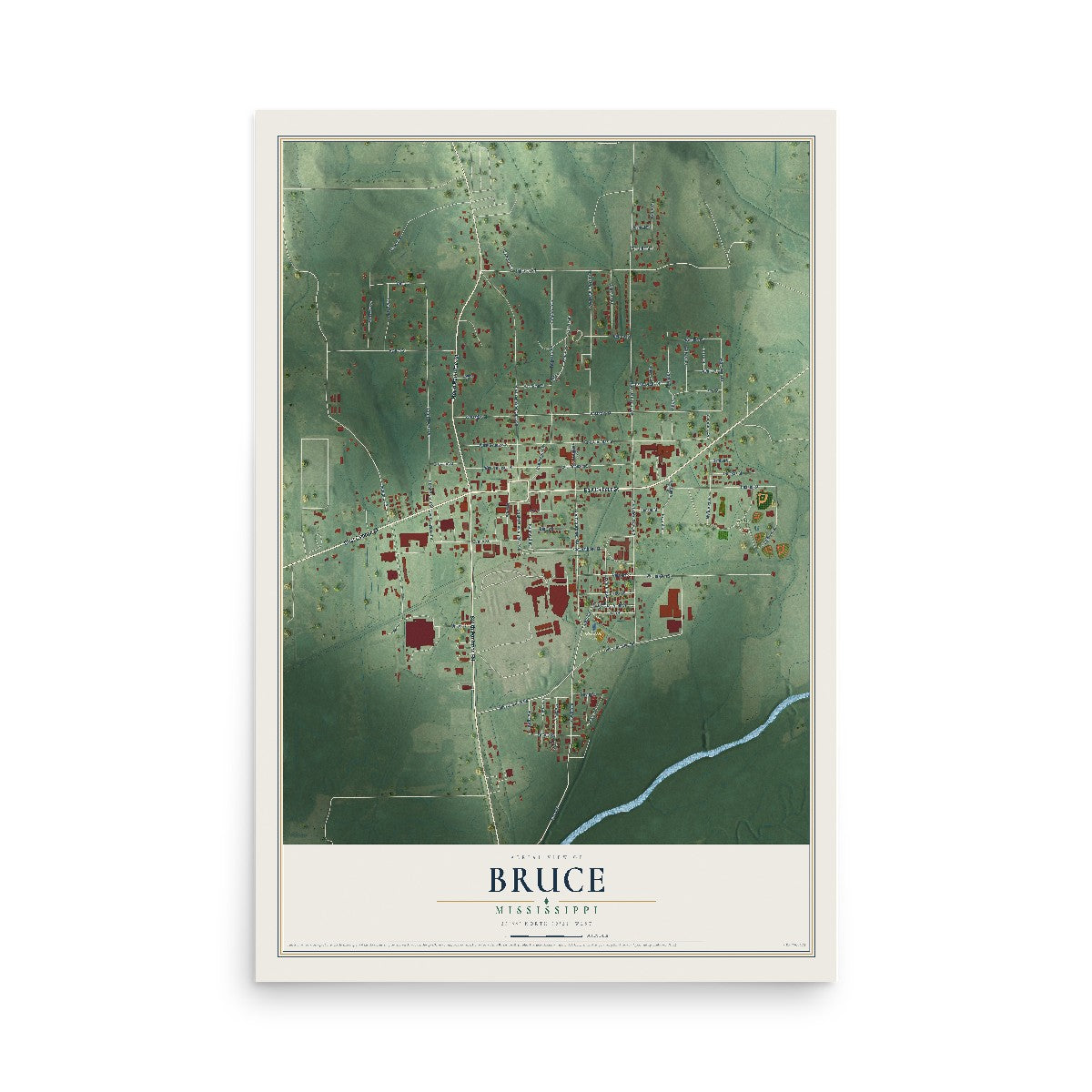 Map of Bruce, Mississippi, 12 x 18 inch unframed archival matte print