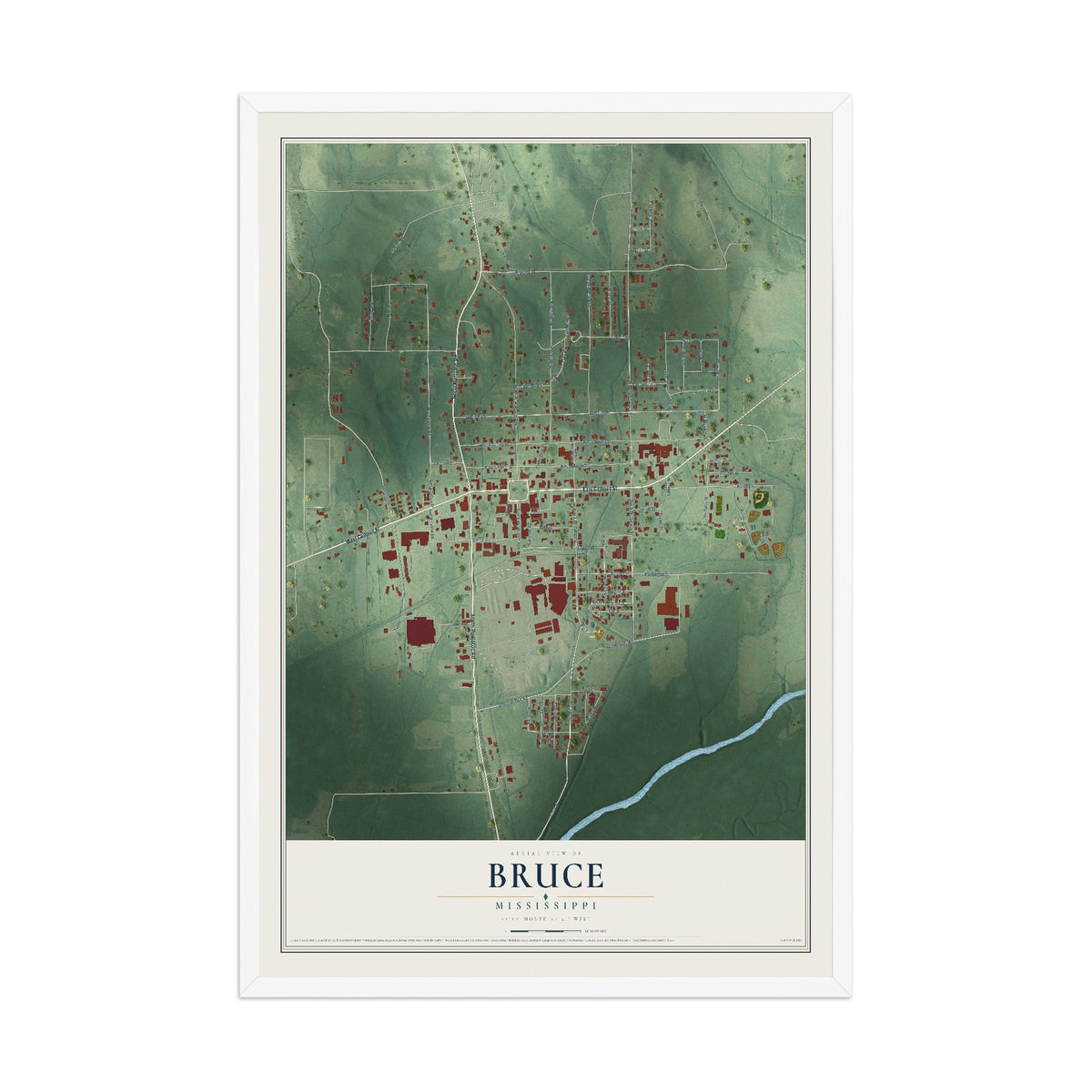 Map of Bruce, Mississippi, 12 x 18 inch print in a white wood frame
