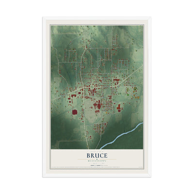 Map of Bruce, Mississippi, 12 x 18 inch print in a white wood frame