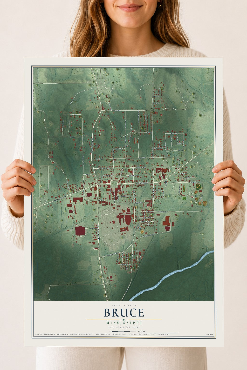Map of Bruce, Mississippi, 18 x 24 inch unframed archival matte print