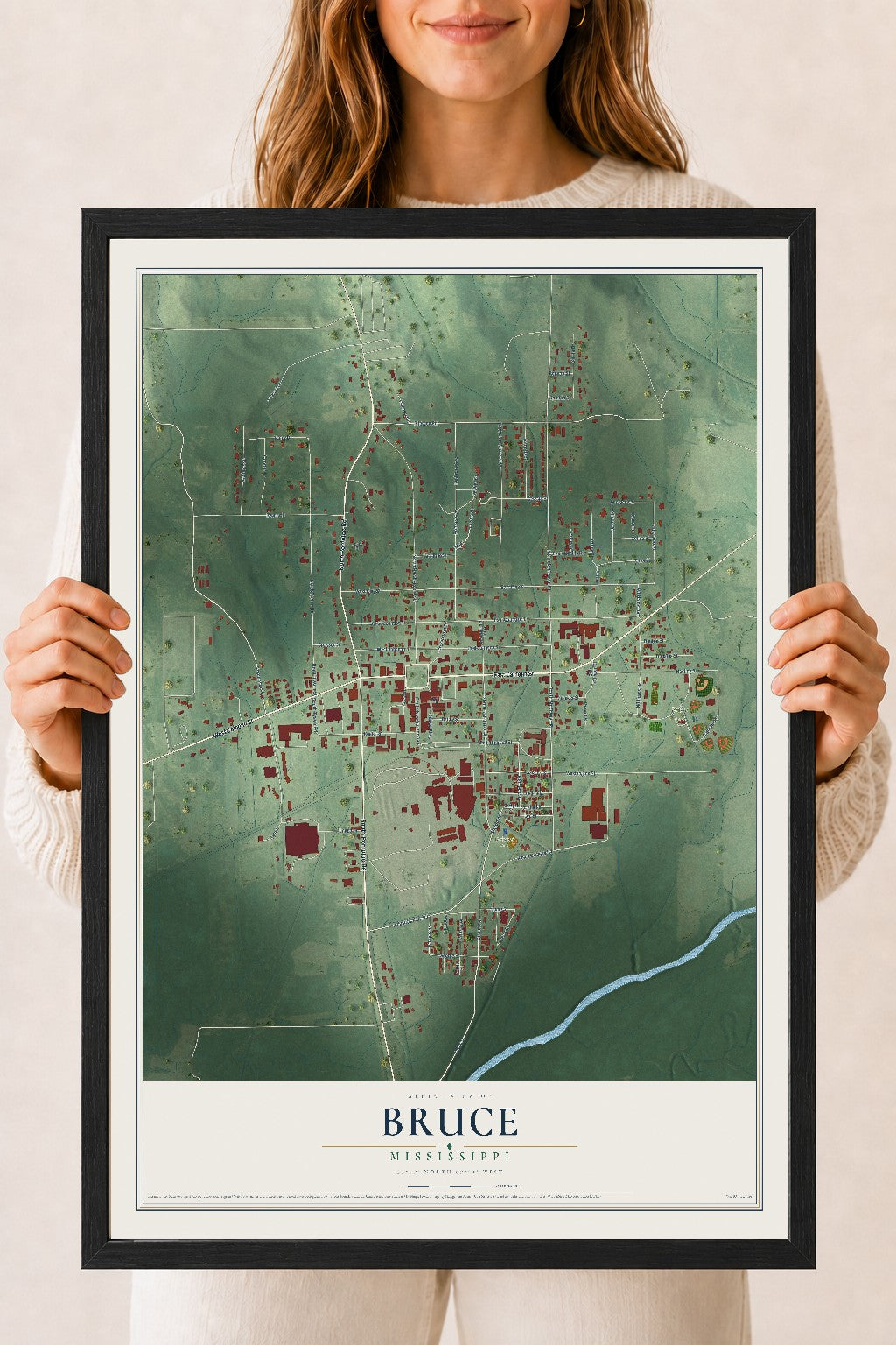 Map of Bruce, Mississippi, 18 x 24 inch print in a black wood frame