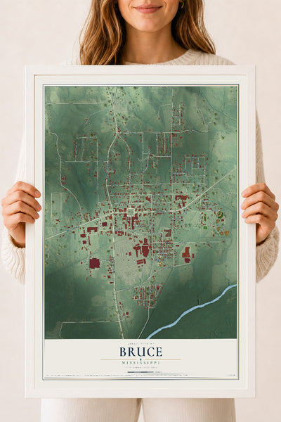 Map of Bruce, Mississippi, 18 x 24 inch print in a white wood frame