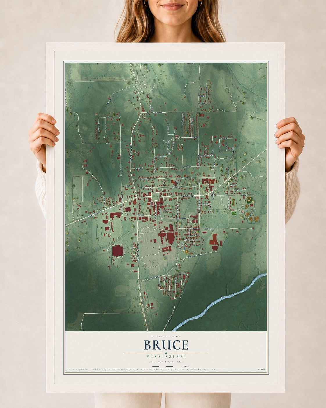 Map of Bruce, Mississippi, 24 x 36 inch print in a white wood frame