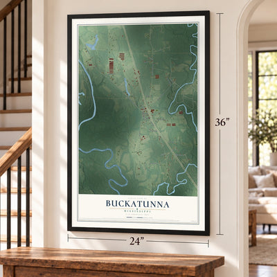 Buckatunna, Mississippi map, 24 x 36 inch print in a black frame by a staircase