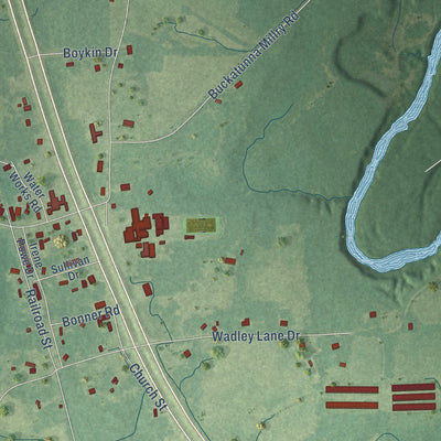 Close-up of the map of Buckatunna, Mississippi print showing street and building detail