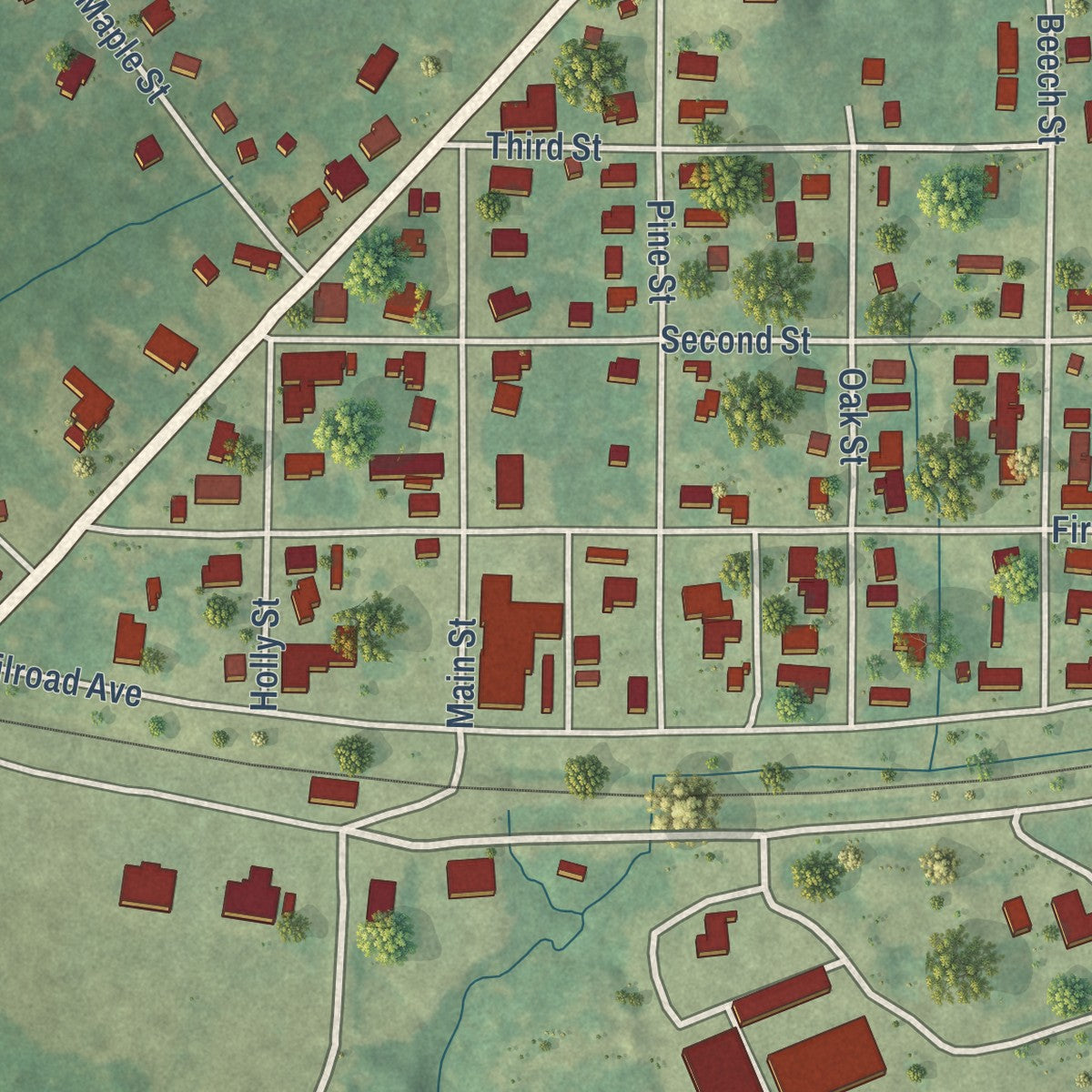 Close-up of the map of Bude, Mississippi print showing street and building detail