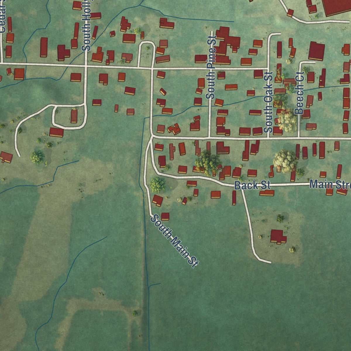 Second close-up of the map of Bude, Mississippi print showing more streets and buildings