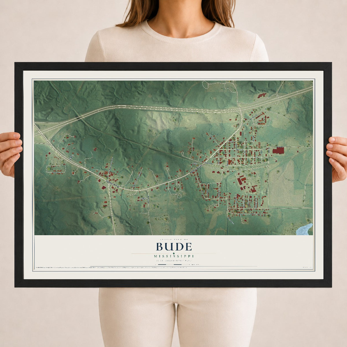 Map of Bude, Mississippi, 18 x 24 inch print in a black wood frame