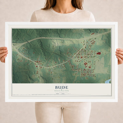 Map of Bude, Mississippi, 18 x 24 inch print in a white wood frame