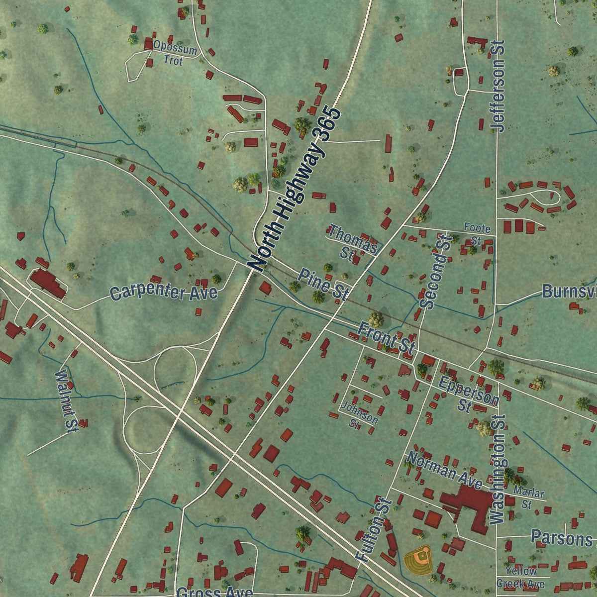 Close-up of the map of Burnsville, Mississippi print showing street and building detail