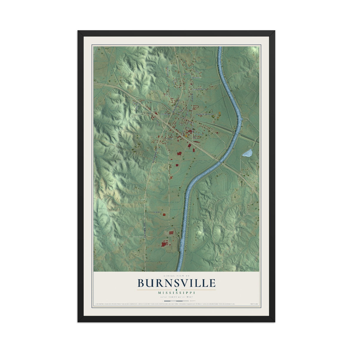 Map of Burnsville, Mississippi, 12 x 18 inch print in a black wood frame