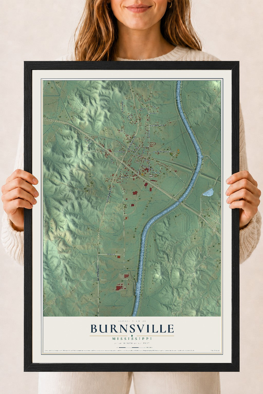 Map of Burnsville, Mississippi, 18 x 24 inch print in a black wood frame