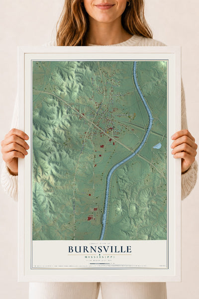 Map of Burnsville, Mississippi, 18 x 24 inch print in a white wood frame