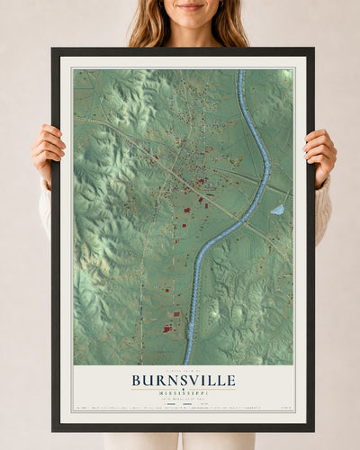 Map of Burnsville, Mississippi, 24 x 36 inch print in a black wood frame