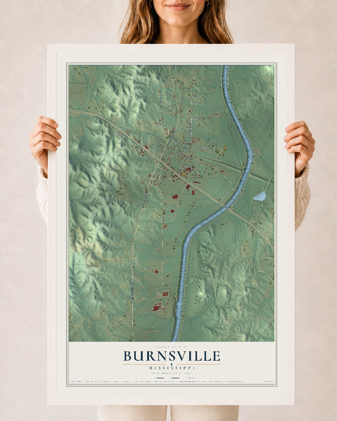 Map of Burnsville, Mississippi, 24 x 36 inch print in a white wood frame