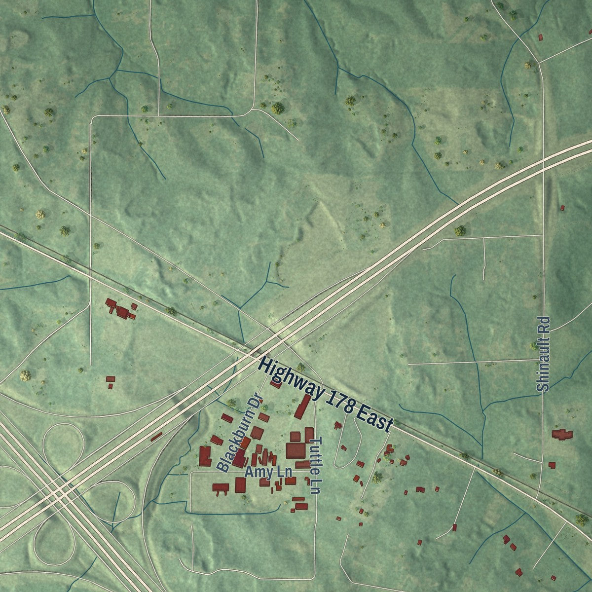 Second close-up of the map of Byhalia, Mississippi print showing more streets and buildings