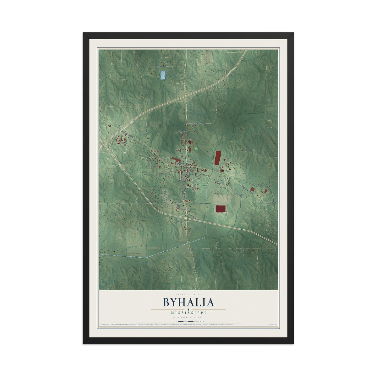 Map of Byhalia, Mississippi, 12 x 18 inch print in a black wood frame