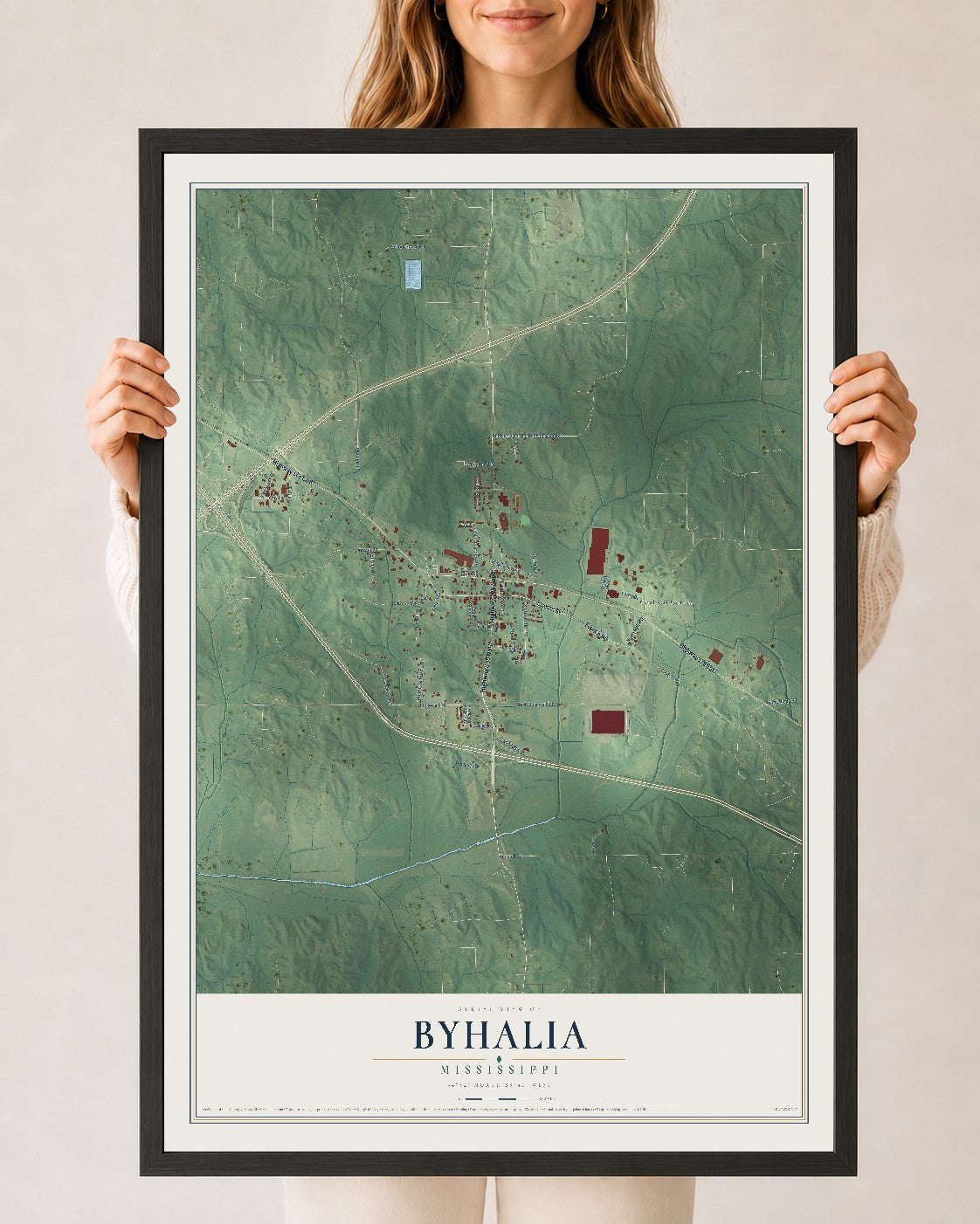 Map of Byhalia, Mississippi, 24 x 36 inch print in a black wood frame