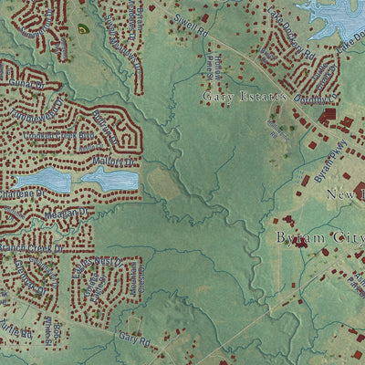 Close-up of the map of Byram, Mississippi print showing street and building detail