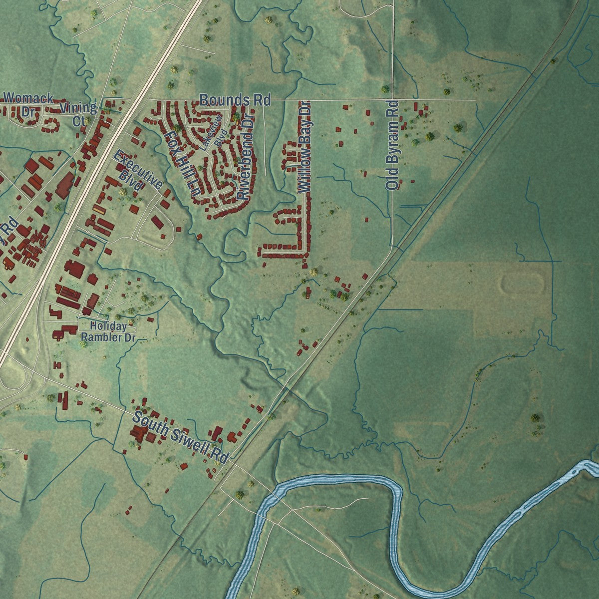 Second close-up of the map of Byram, Mississippi print showing more streets and buildings
